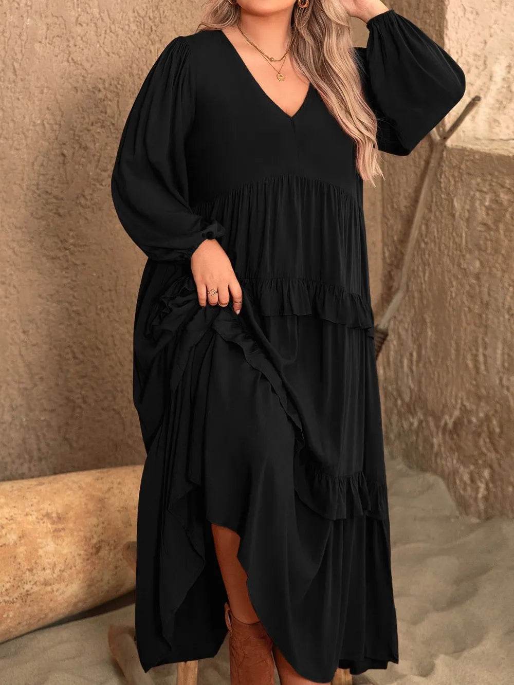Plus Size Ruffled V-Neck Long Sleeve Dress - IntuitiveEncBoutique