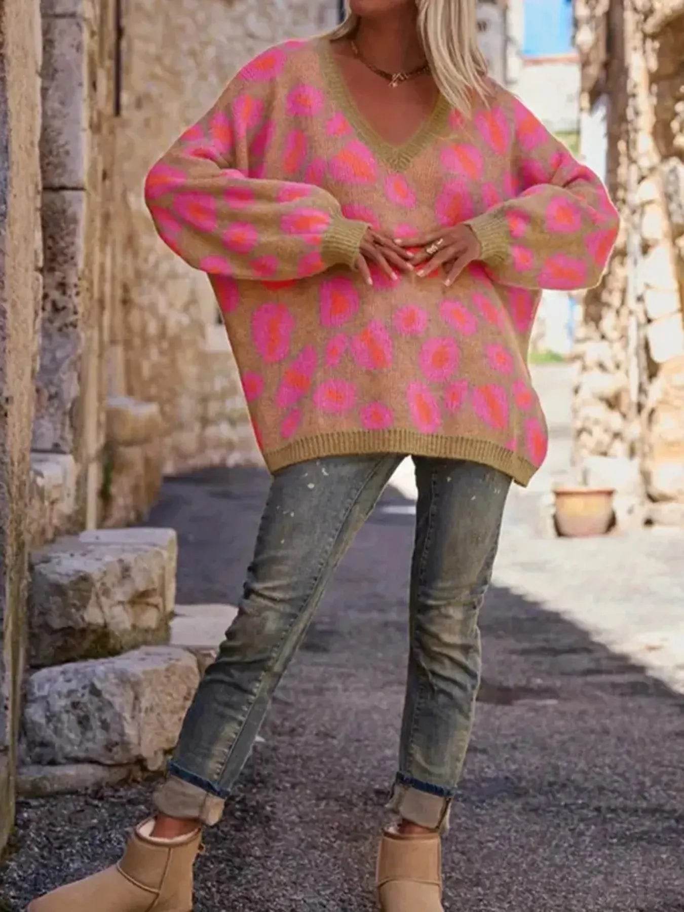 Leopard Oversized V-Neck Sweater - IntuitiveEncBoutique