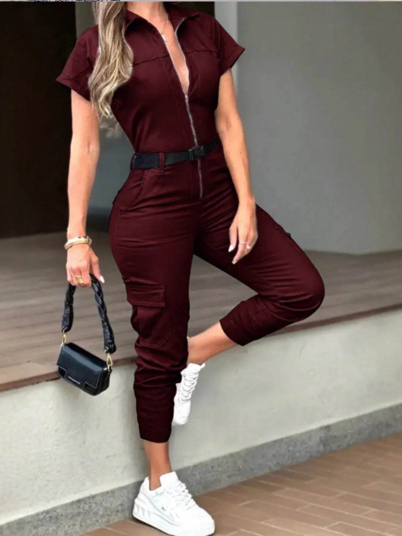 Zip Front Short Sleeve Jumpsuit - IntuitiveEncBoutique