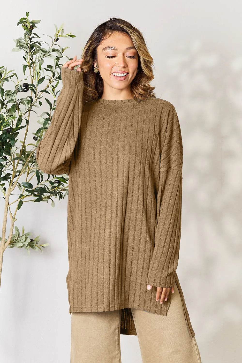 Basic Bae Full Size Ribbed Round Neck Long Sleeve Slit Top - IntuitiveEncBoutique