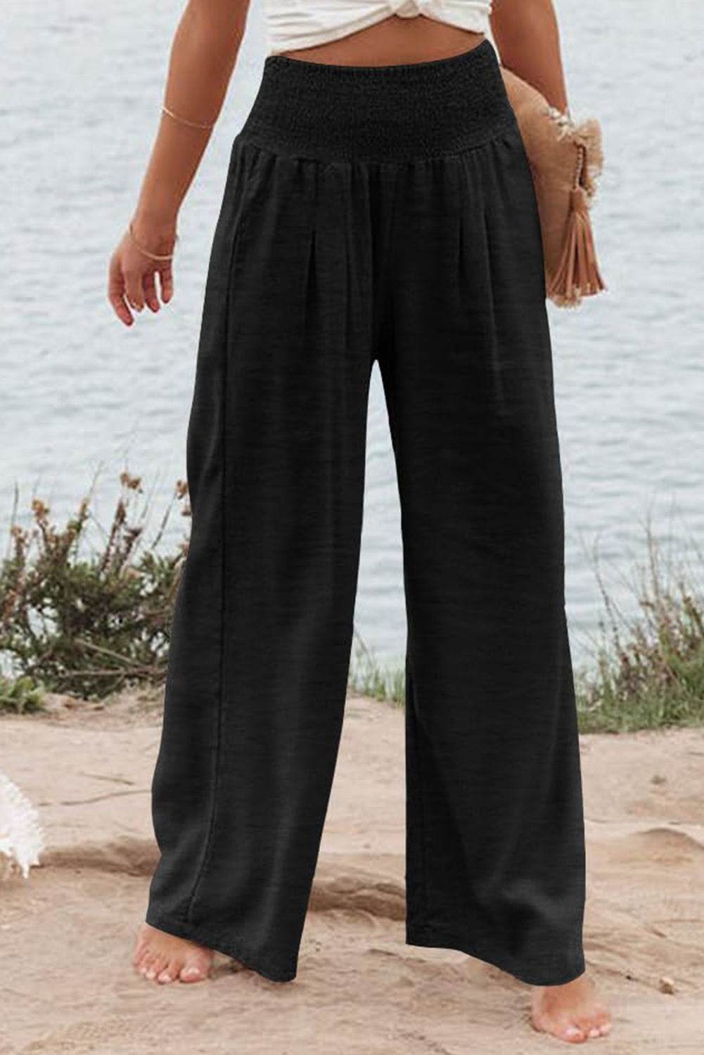 Black Shirred High Waist Plus Size Wide Leg Pants - IntuitiveEncBoutique