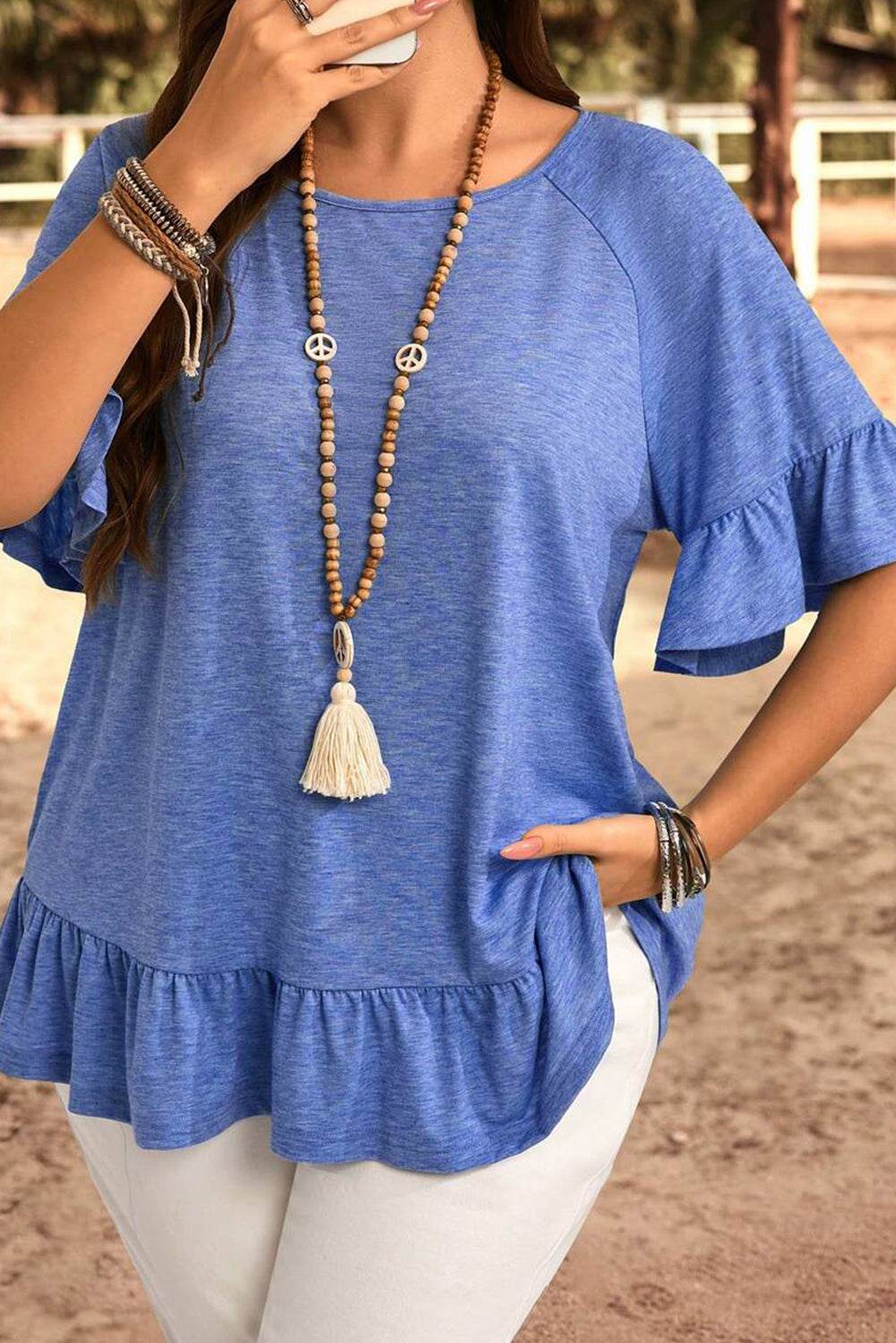 Dusk Blue Ruffled Short Sleeve Plus Size Casual Blouse - IntuitiveEncBoutique