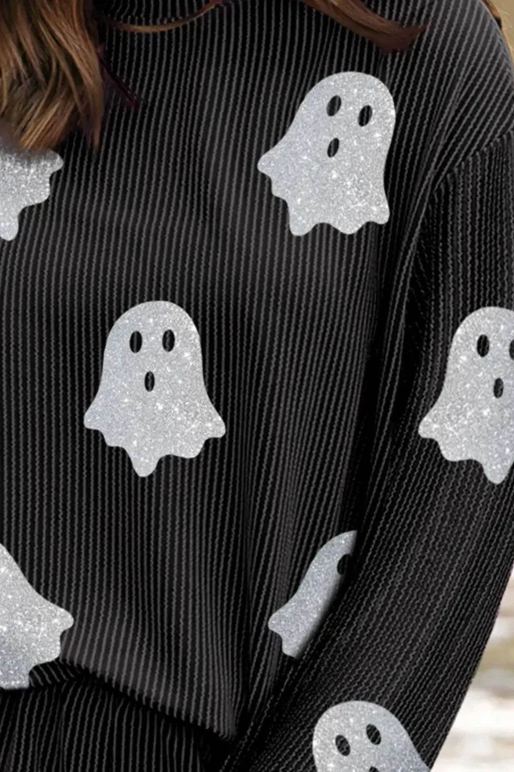 Glitter Ghost Round Neck Long Sleeve Top and Shorts Set - IntuitiveEncBoutique