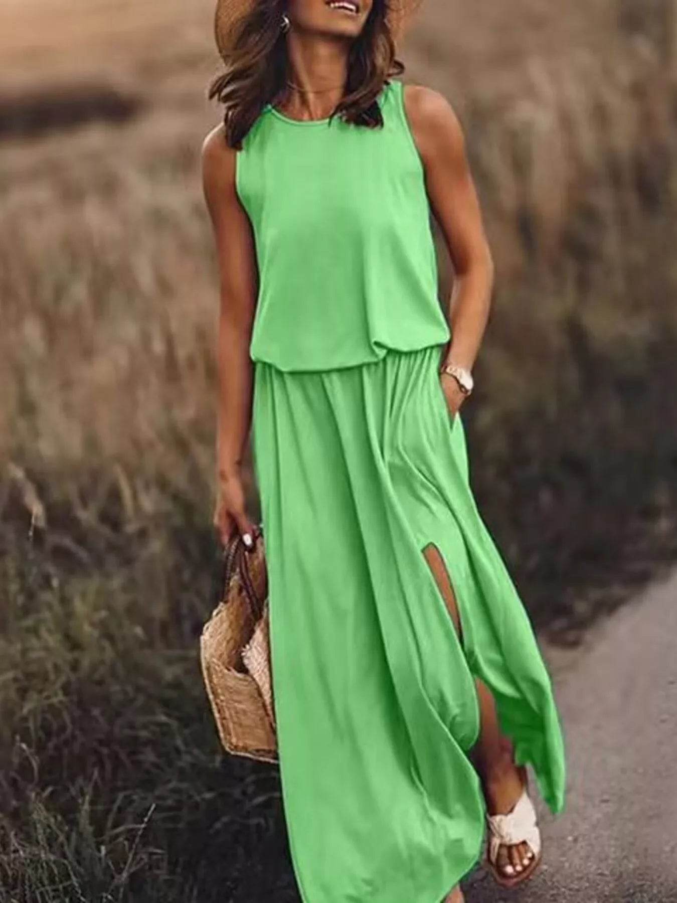 Full Size Round Neck Sleeveless Slit Maxi Dress Plus Size - IntuitiveEncBoutique