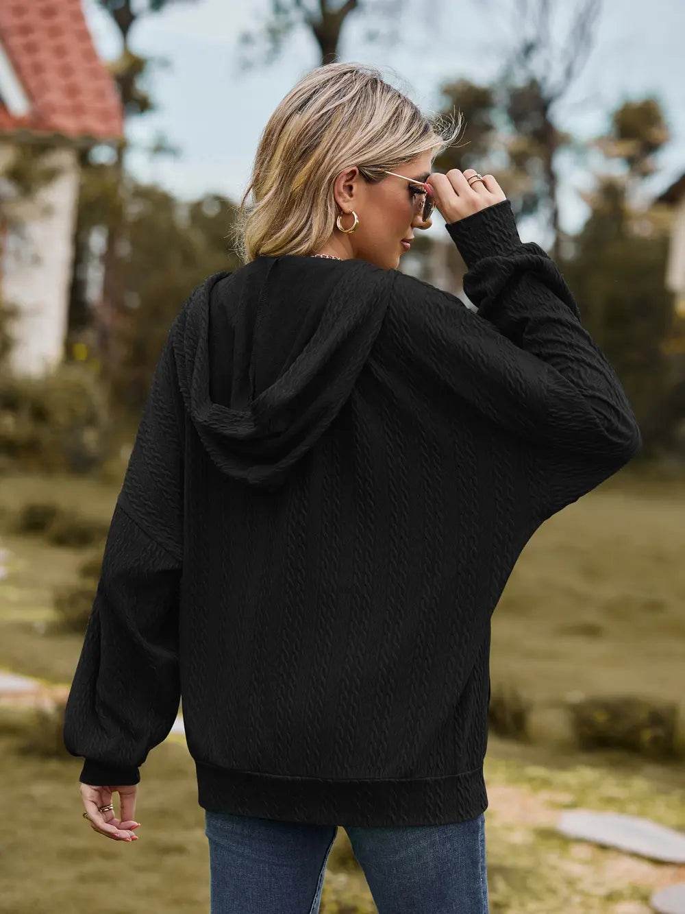 Zip Up Drawstring Long Sleeve Hooded Jacket - IntuitiveEncBoutique