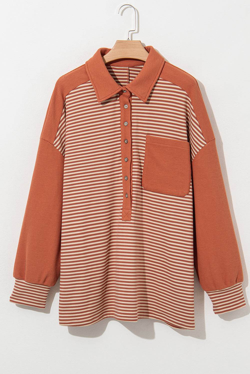 Red Stripe Textured Patched Drop Shoulder Buttoned Plus Size Sweatshirt - IntuitiveEncBoutique