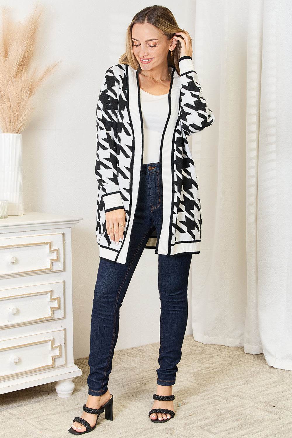 Mandy Woven Right Houndstooth Open Front Longline Cardigan - IntuitiveEncBoutique