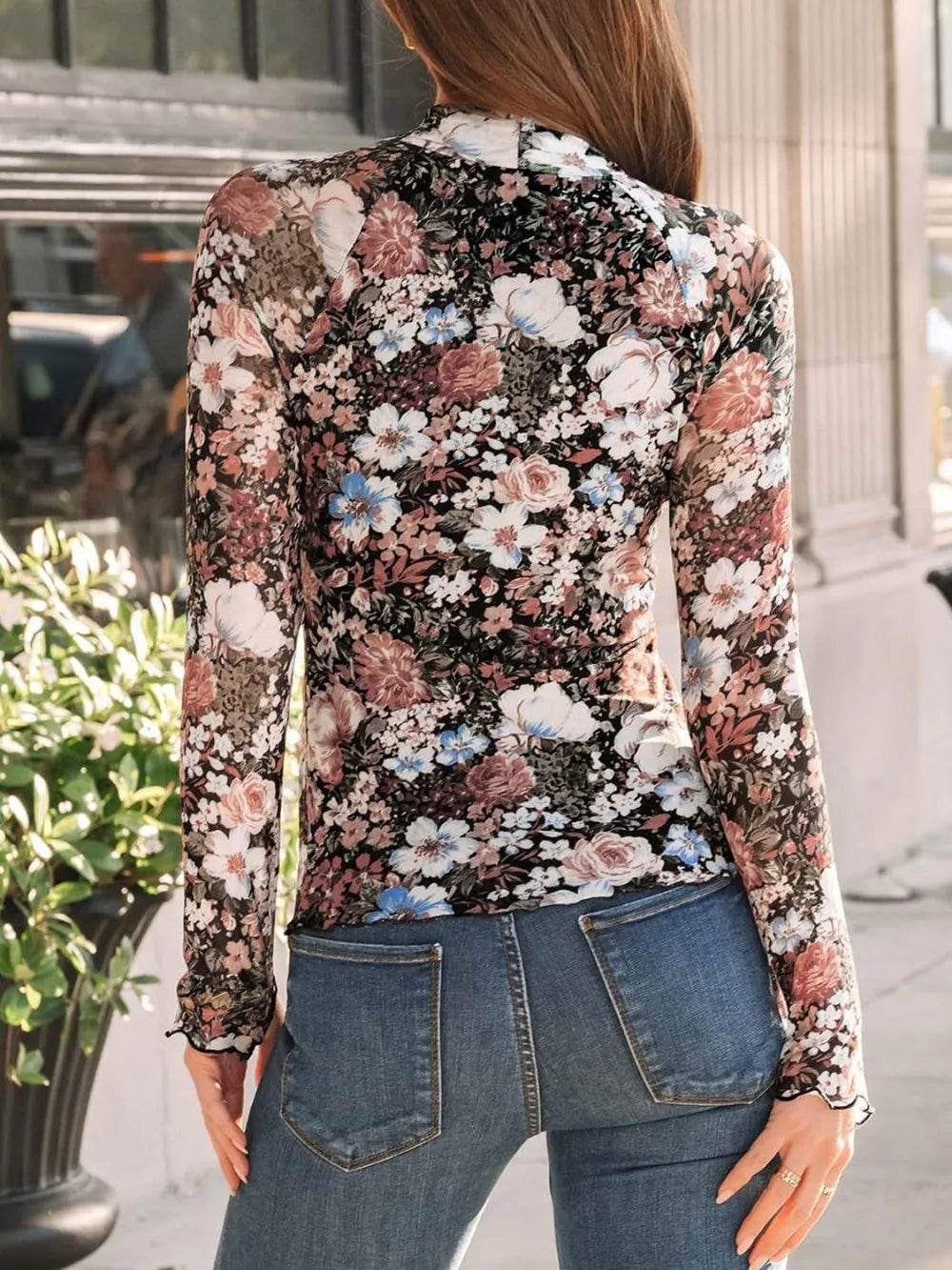 Floral Mock Neck Long Sleeve T-Shirt - IntuitiveEncBoutique