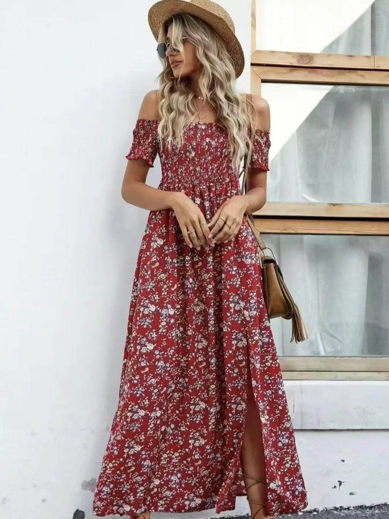 Full Size Slit Off-Shoulder Floral Midi Dress Plus Size - IntuitiveEncBoutique