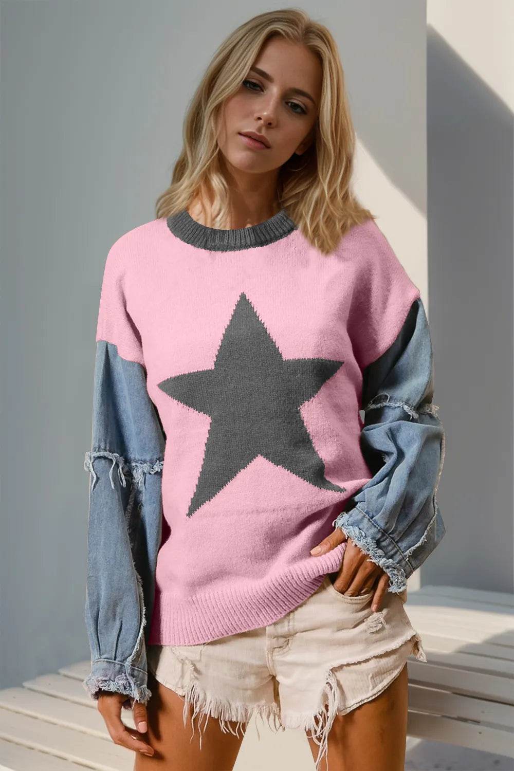 Double Take Full Size Star Pattern Raw Edge Long Sleeve Sweater - IntuitiveEncBoutique