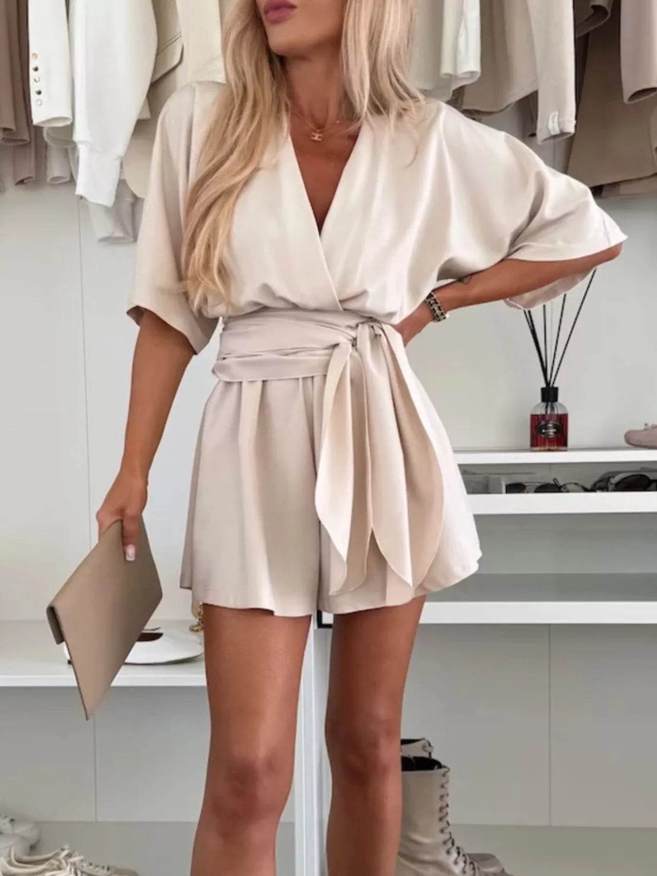 Full Size Surplice Tie Waist Romper Plus Size - IntuitiveEncBoutique