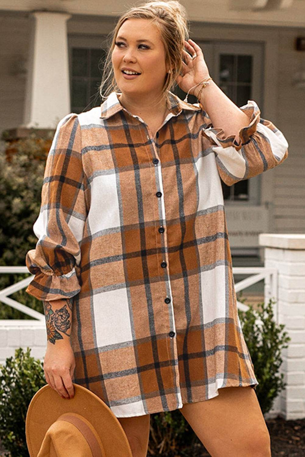 Khaki Plus Size Plaid Flounce Sleeve Button up Shirt Dress - IntuitiveEncBoutique
