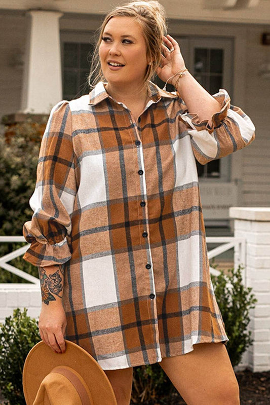 Khaki Plus Size Plaid Flounce Sleeve Button up Shirt Dress - IntuitiveEncBoutique