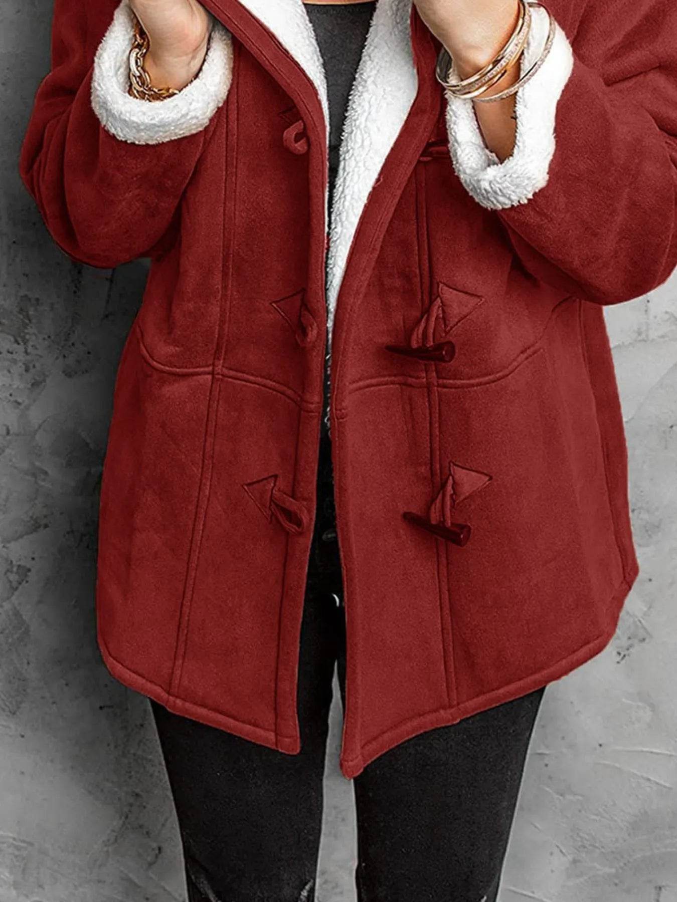 Full Size Cozy Sherpa Lined Toggle Coat with Hood Plus Size - IntuitiveEncBoutique