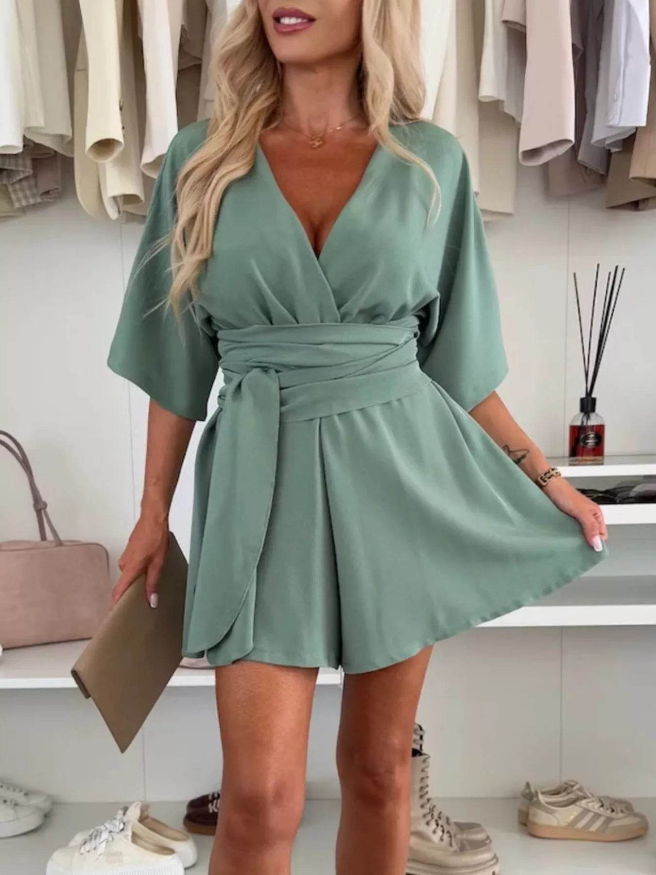 Full Size Surplice Tie Waist Romper Plus Size - IntuitiveEncBoutique
