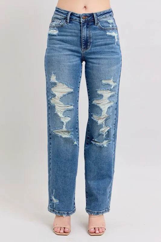 Judy Blue Full Size High Waist Heavy Destroy Straight Jeans Plus Size - IntuitiveEncBoutique