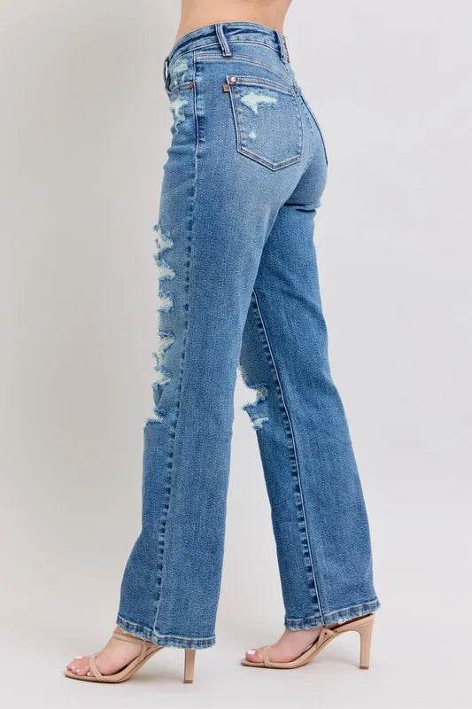 Judy Blue Full Size High Waist Heavy Destroy Straight Jeans Plus Size - IntuitiveEncBoutique