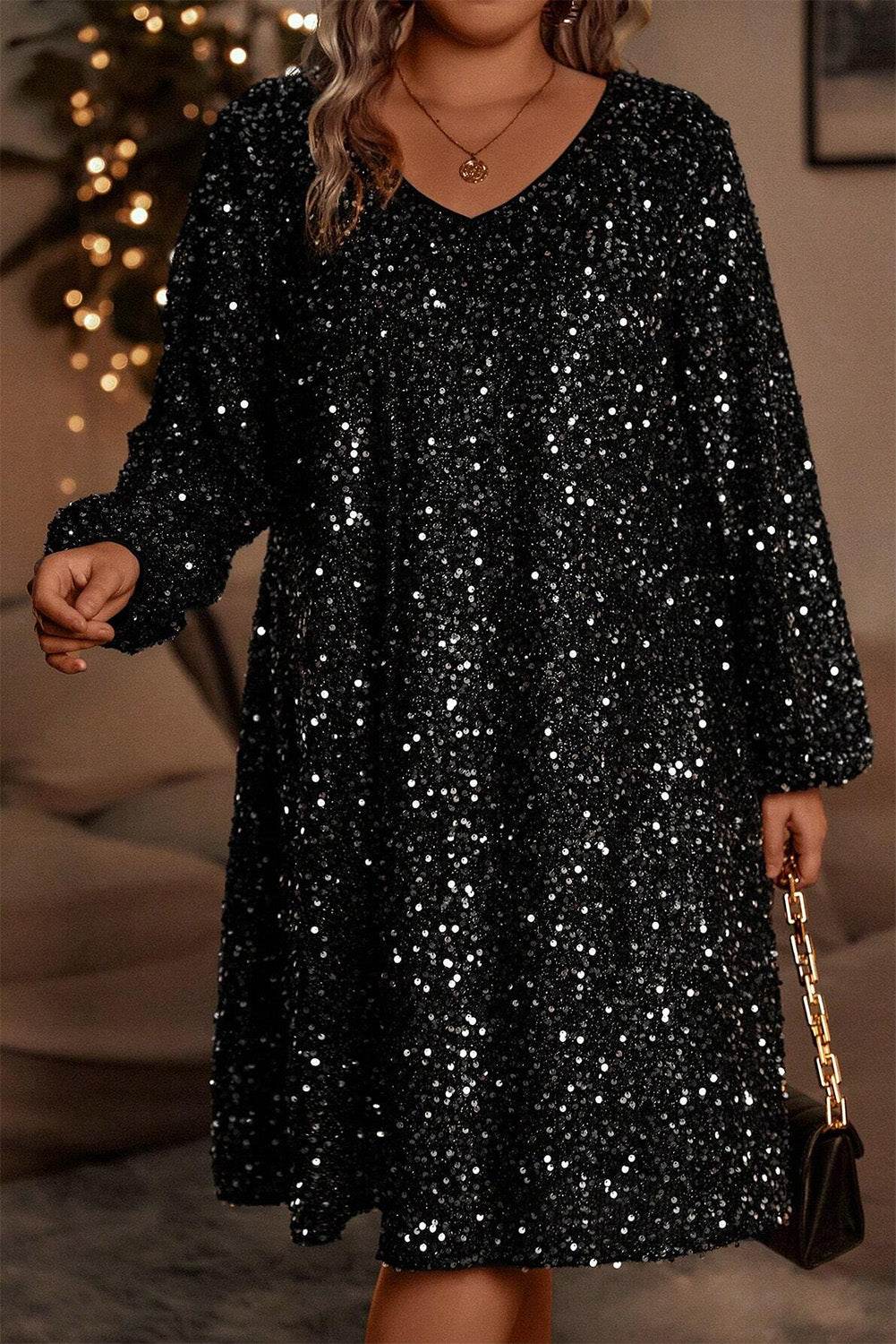 Color black Plus Size Bubble Sleeve V Neck Sequin Dress - IntuitiveEncBoutique