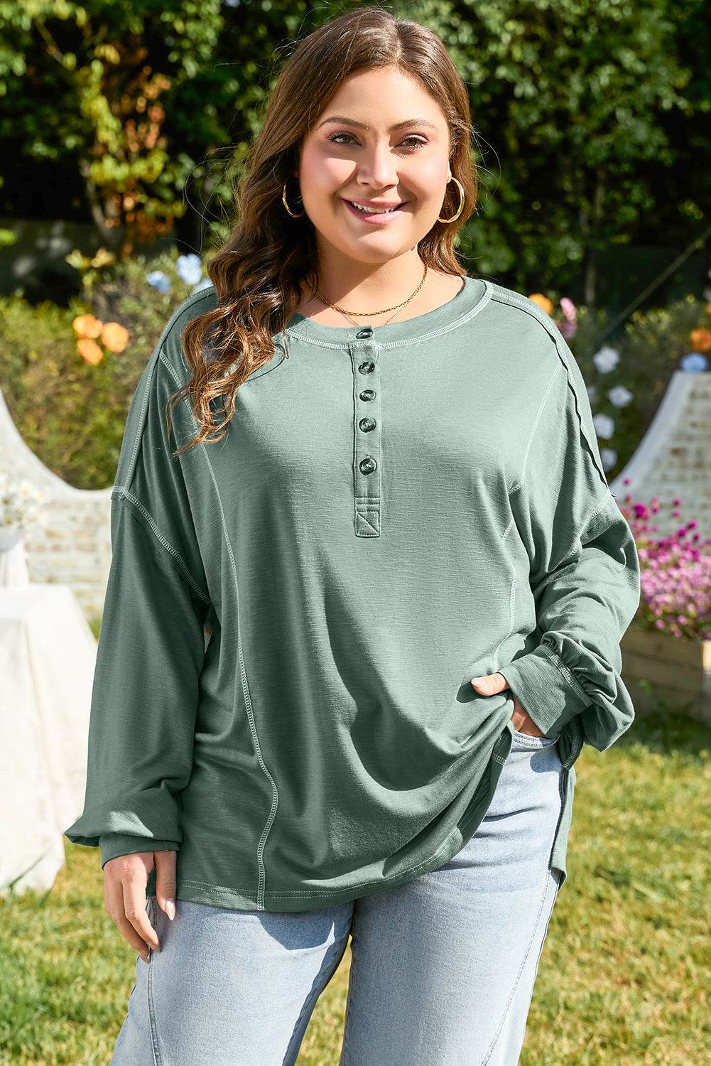 Seagrass Plus Size Exposed Seam Drop Shoulder Henley Top - IntuitiveEncBoutique