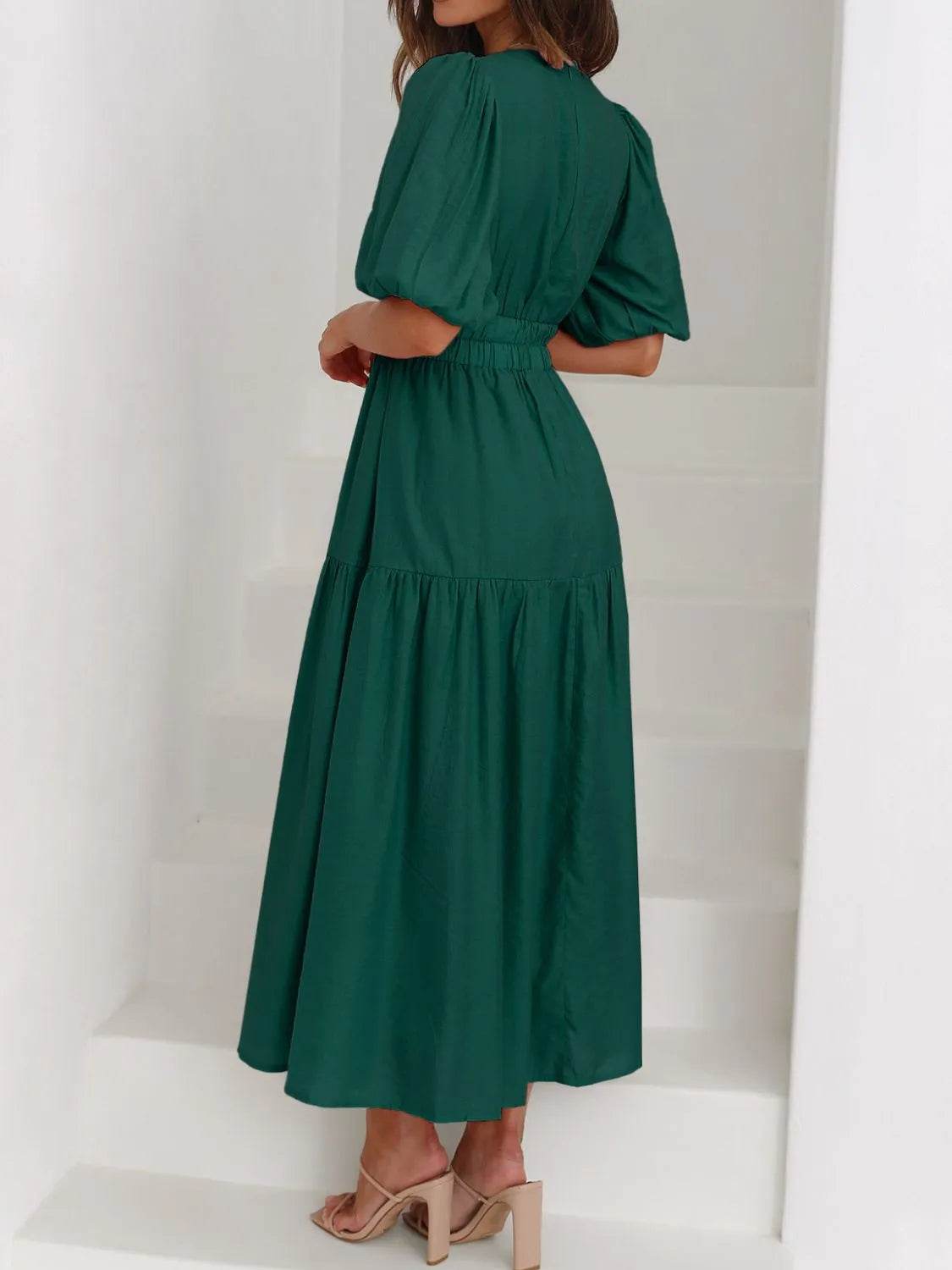 V-Neck Puff Sleeve Midi Dress - IntuitiveEncBoutique