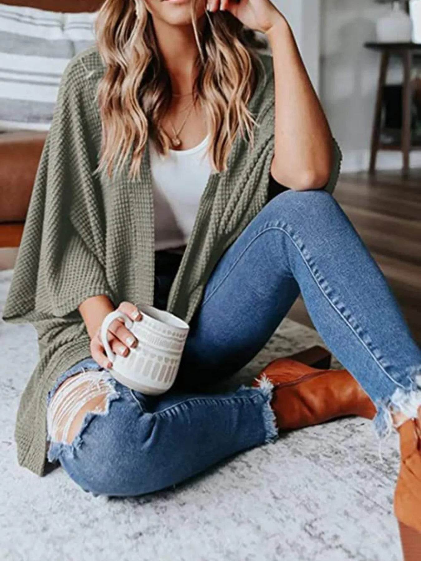Full Size Open Front Waffle Knit Cardigan Plus Size - IntuitiveEncBoutique