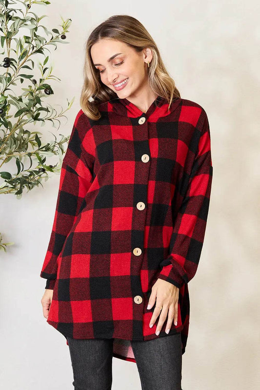 Heimish Full Size Plaid Button Front Hooded Shirt - IntuitiveEncBoutique