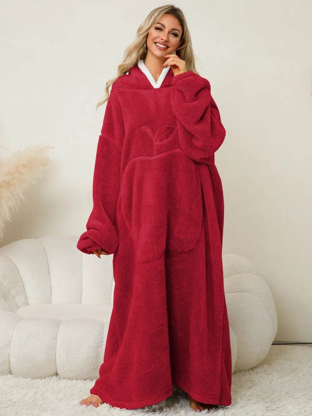 Pocketed Contrast Long Sleeve Hooded Lounge Dress - IntuitiveEncBoutique