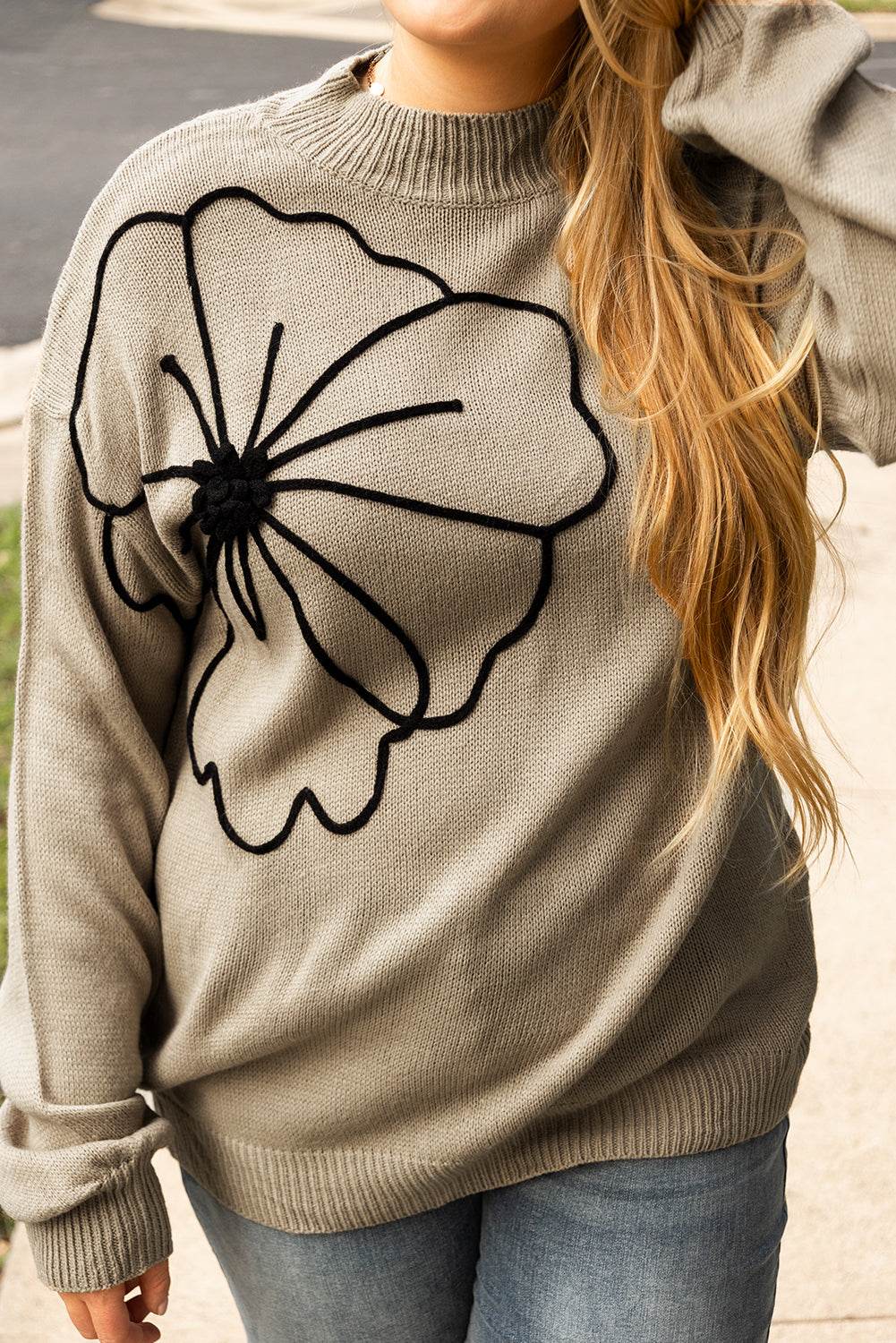 Dark Khaki Plus Size Big Flower Pattern High Neck Drop Shoulder Sweater - IntuitiveEncBoutique
