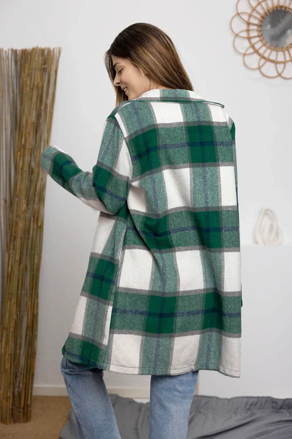 Double Take Full Size Plaid Button Up Lapel Collar Coat - IntuitiveEncBoutique