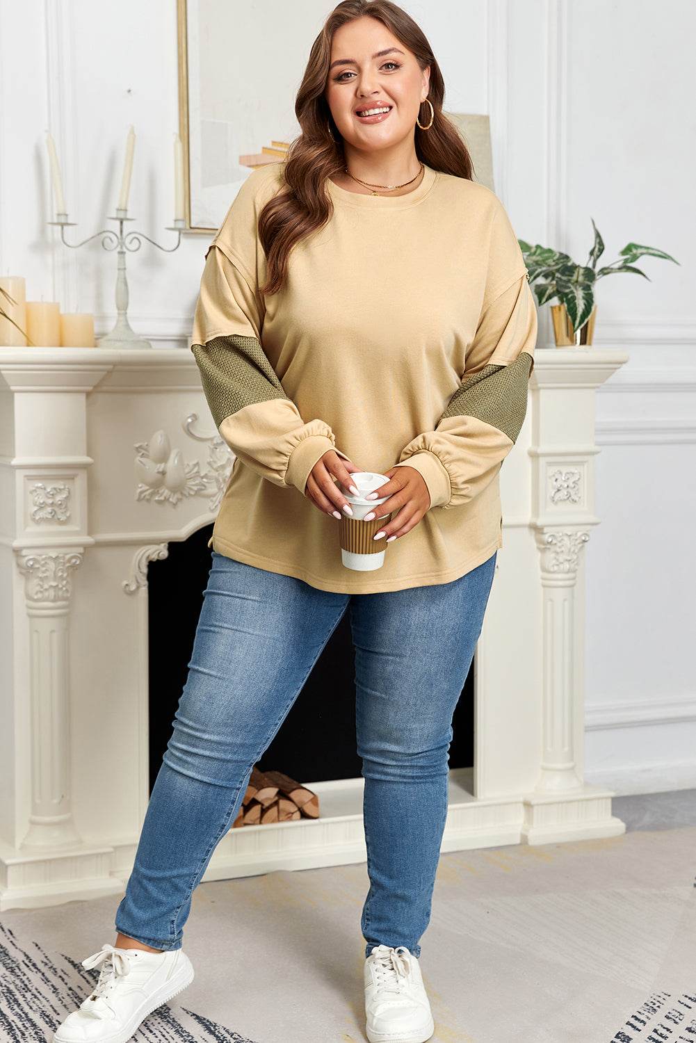 Laurel Green Exposed Seam Contrast Texture Patchwork Plus Size Drop Shoulder Pullover - IntuitiveEncBoutique
