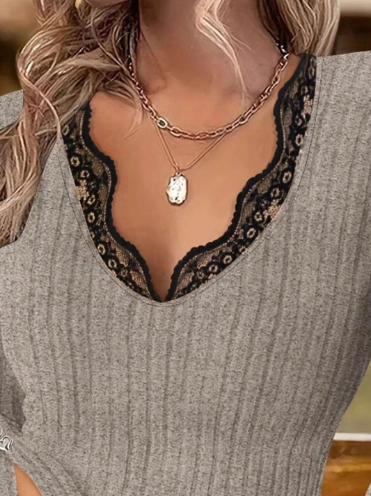 Full Size Ribbed V-Neck Lace Trim Long Sleeve T-Shirt Plus Size - IntuitiveEncBoutique