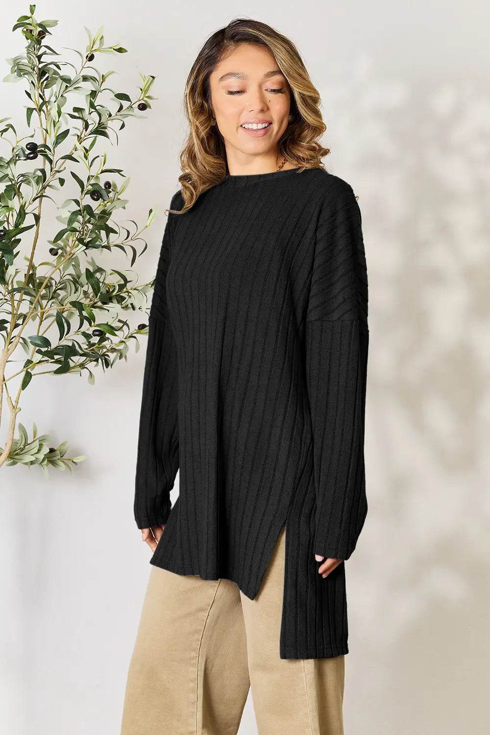 Basic Bae Full Size Ribbed Round Neck Long Sleeve Slit Top - IntuitiveEncBoutique