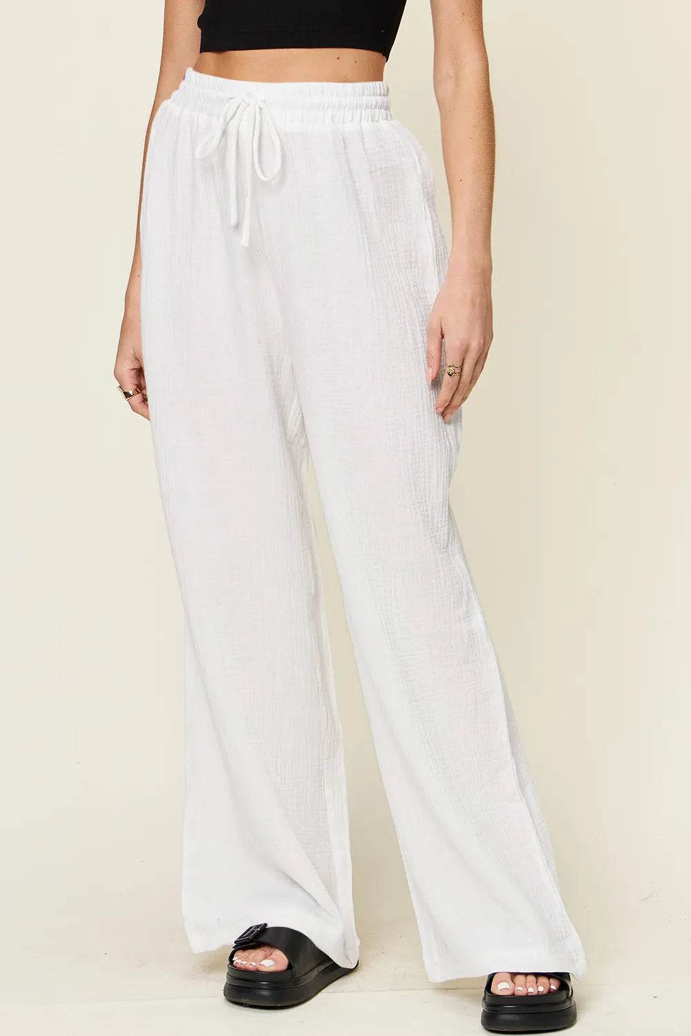 Double Take Full Size Texture Drawstring Wide Leg Pants - IntuitiveEncBoutique