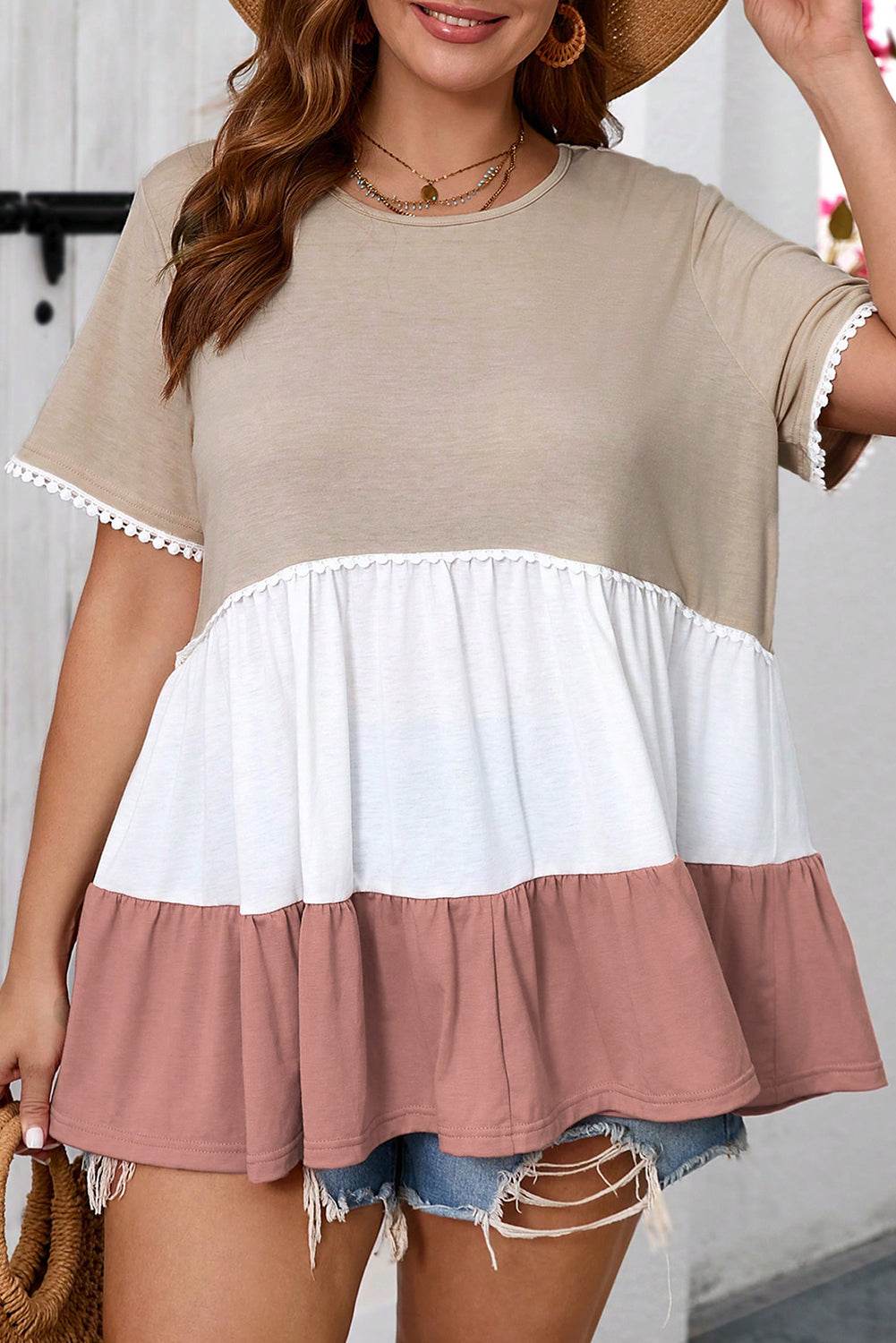 Beige Plus Size Color Block Lace Trim Ruffled Blouse - IntuitiveEncBoutique