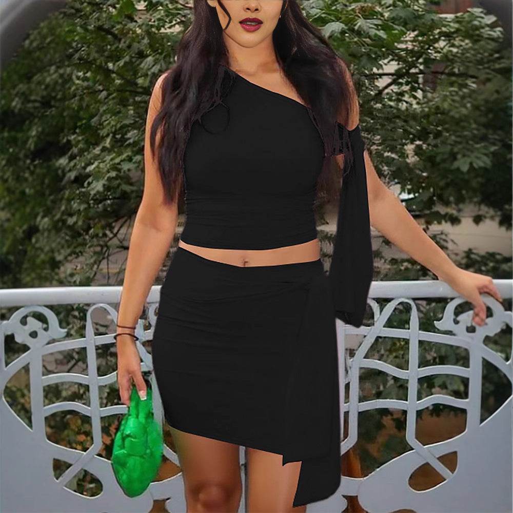 Women's Oblique Collar Tied Top with Fitted Pleated Skirt Set - IntuitiveEncBoutique