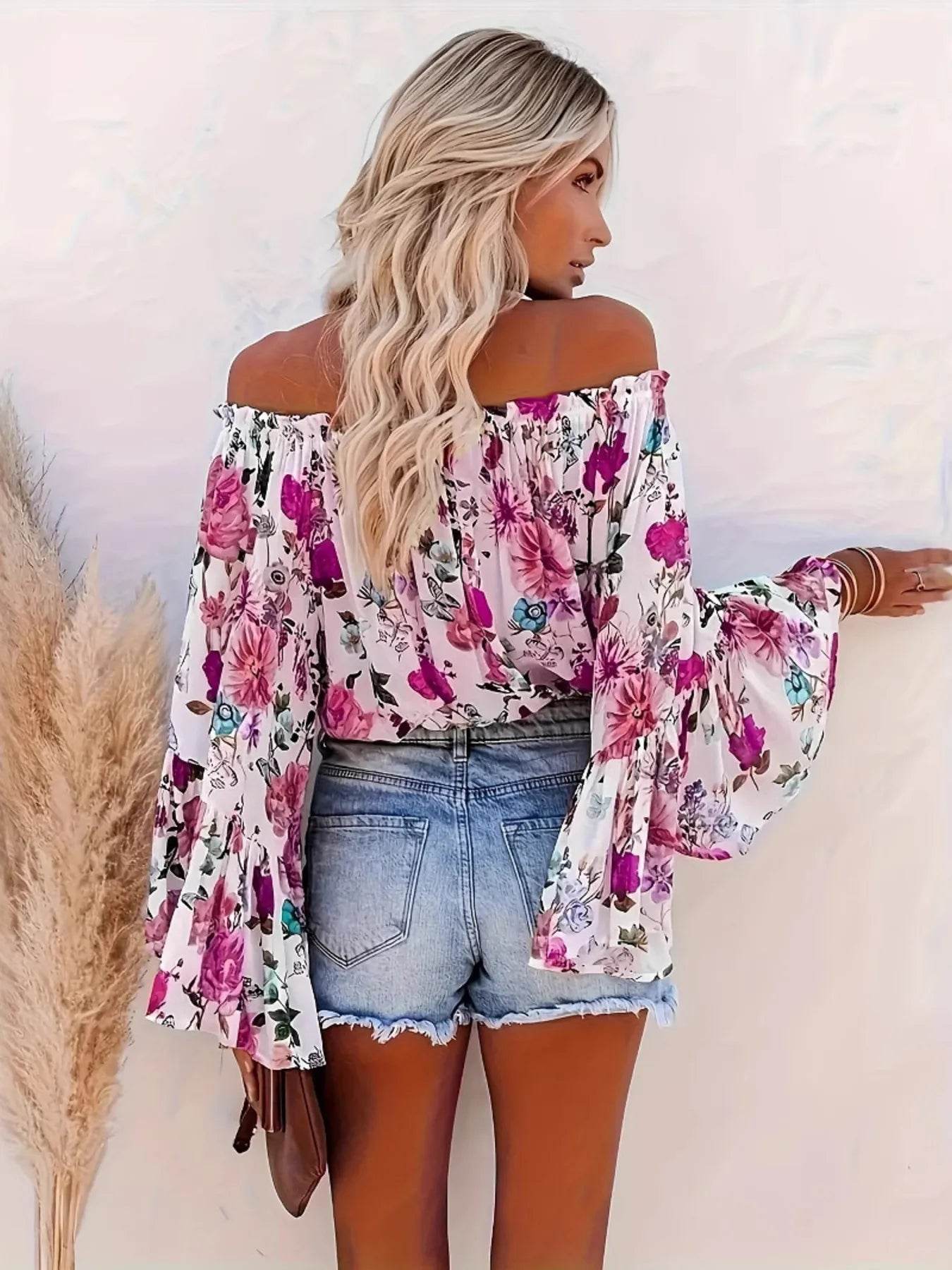 Full Size Floral Off-Shoulder Bell Sleeve Blouse Plus Size - IntuitiveEncBoutique