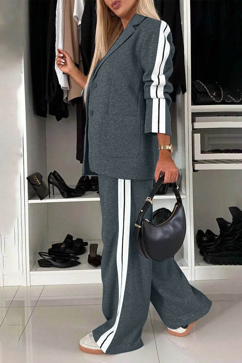 Full Size Contrast Lapel Collar Top and Pants Set - IntuitiveEncBoutique