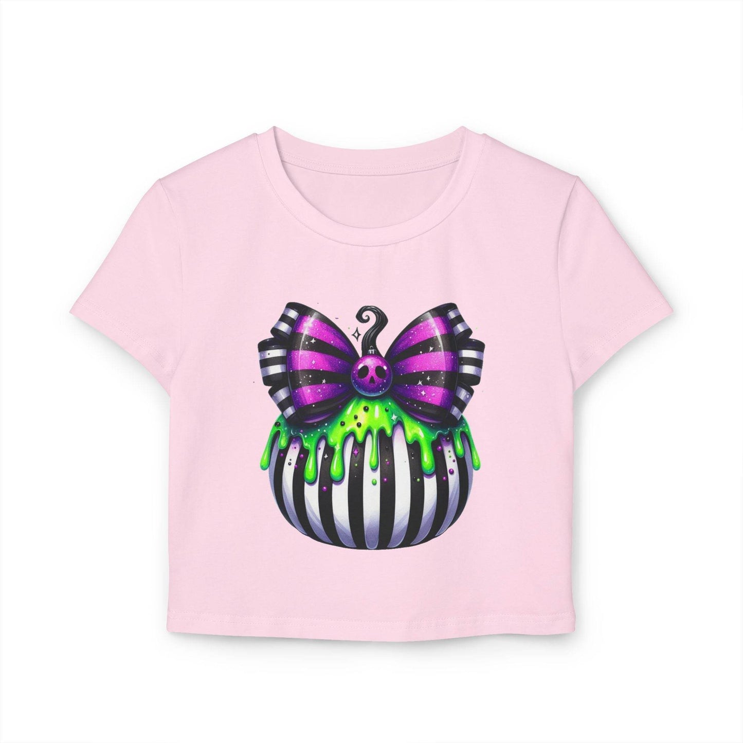 Cute Halloween Baby Tee with Spooky Bow Design | Women's Graphic T-Shirt, Party Shirt, Fall Fashion, Gift Idea, Casual Wear - IntuitiveEncBoutique