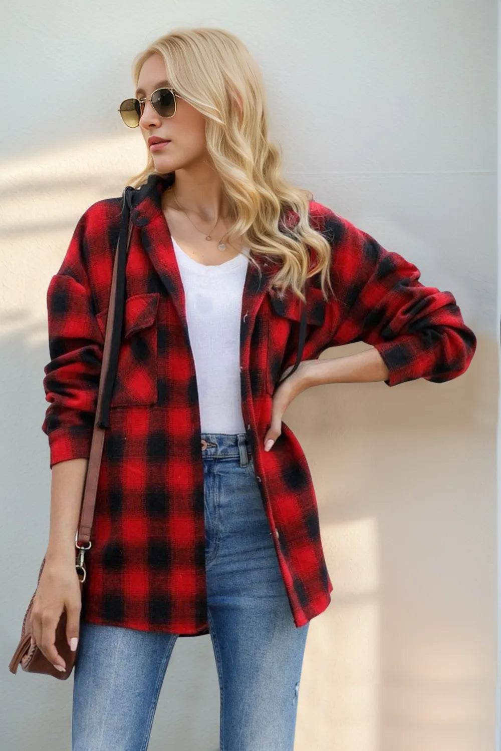 Double Take Drawstring Plaid Long Sleeve Hooded Shacket - IntuitiveEncBoutique