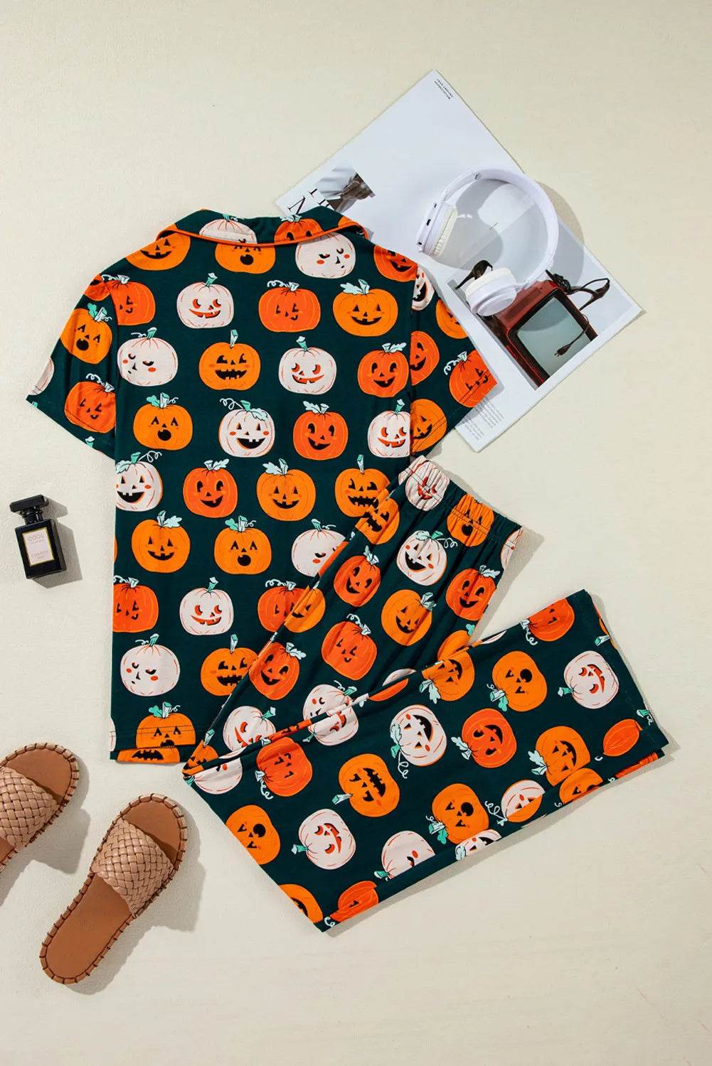 Pumpkin Printed Short Sleeve Top and Pants Lounge Set - IntuitiveEncBoutique