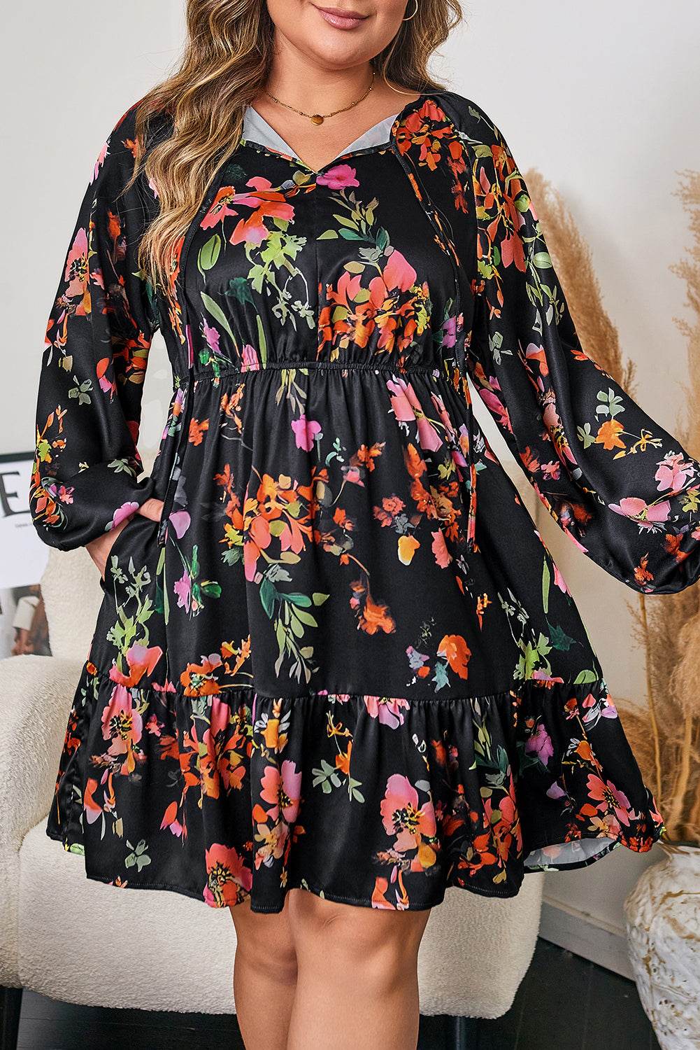 Black Plus Size Floral Print Tie Neck Cinched Waist Long Sleeve Mini Dress - IntuitiveEncBoutique