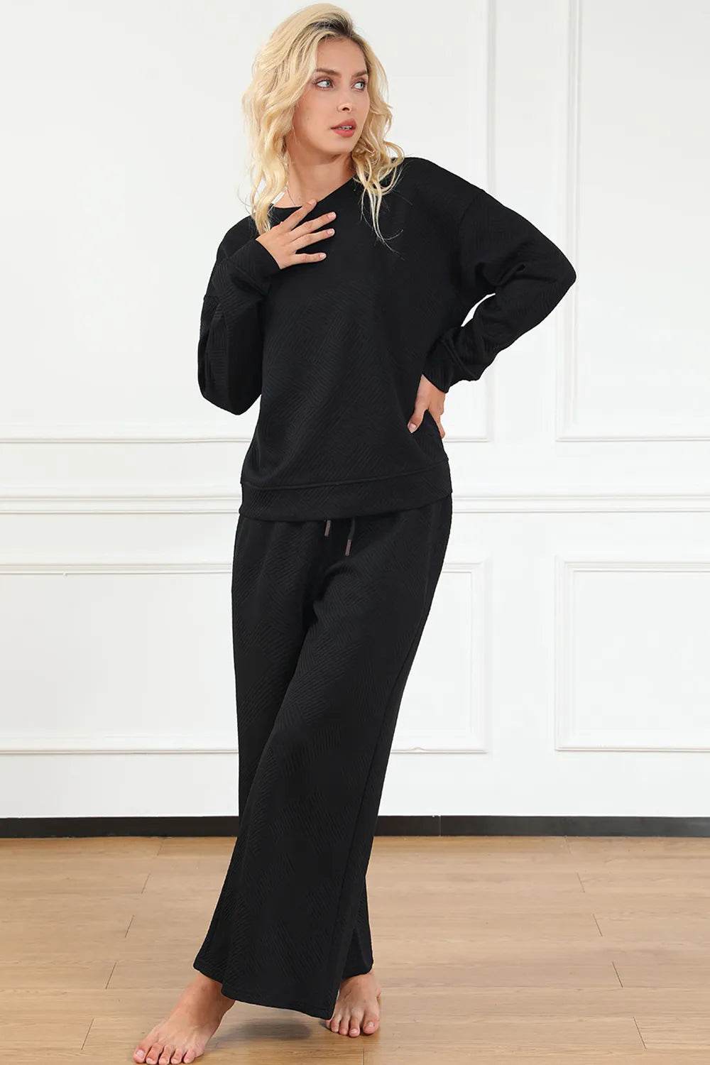 Double Take Full Size Textured Long Sleeve Top and Drawstring Pants Set - IntuitiveEncBoutique