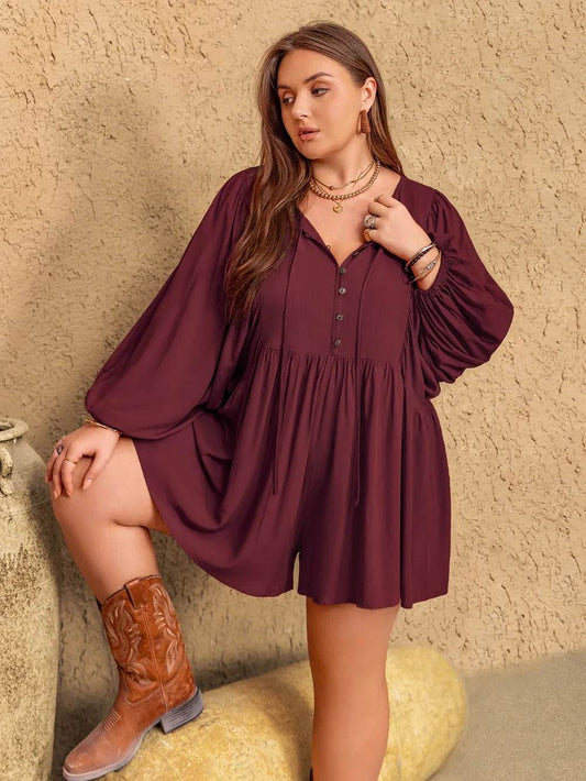 Plus Size Tie Neck Balloon Sleeve Romper - IntuitiveEncBoutique