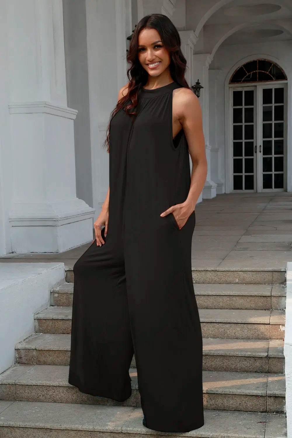 Double Take Full Size Tie Back Cutout Sleeveless Jumpsuit - IntuitiveEncBoutique