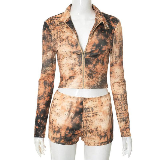 Tie dye distressed printed long sleeved zipper cardigan tight shorts two-piece set - IntuitiveEncBoutique