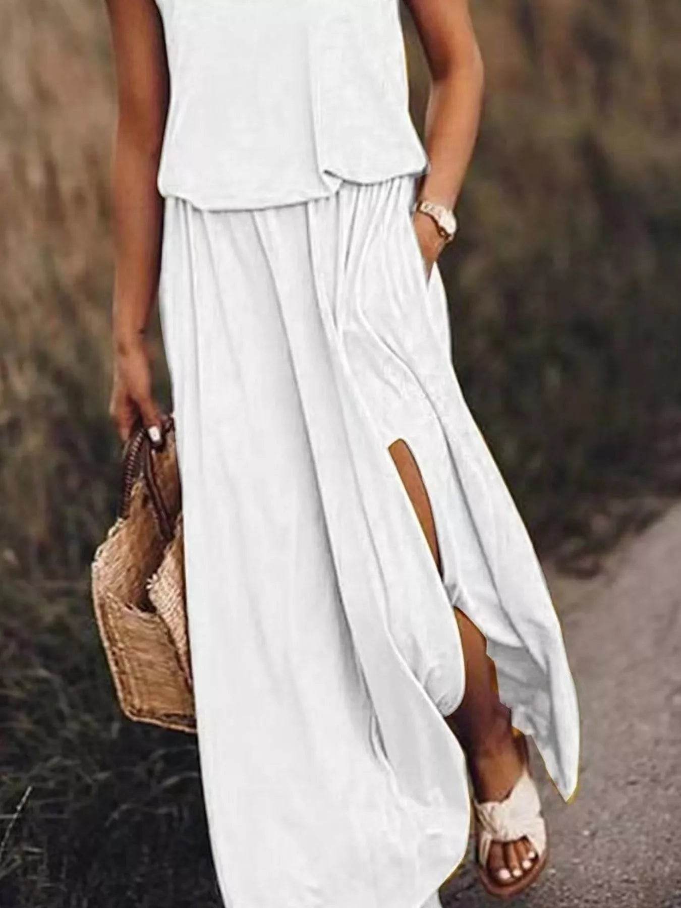 Full Size Round Neck Sleeveless Slit Maxi Dress Plus Size - IntuitiveEncBoutique