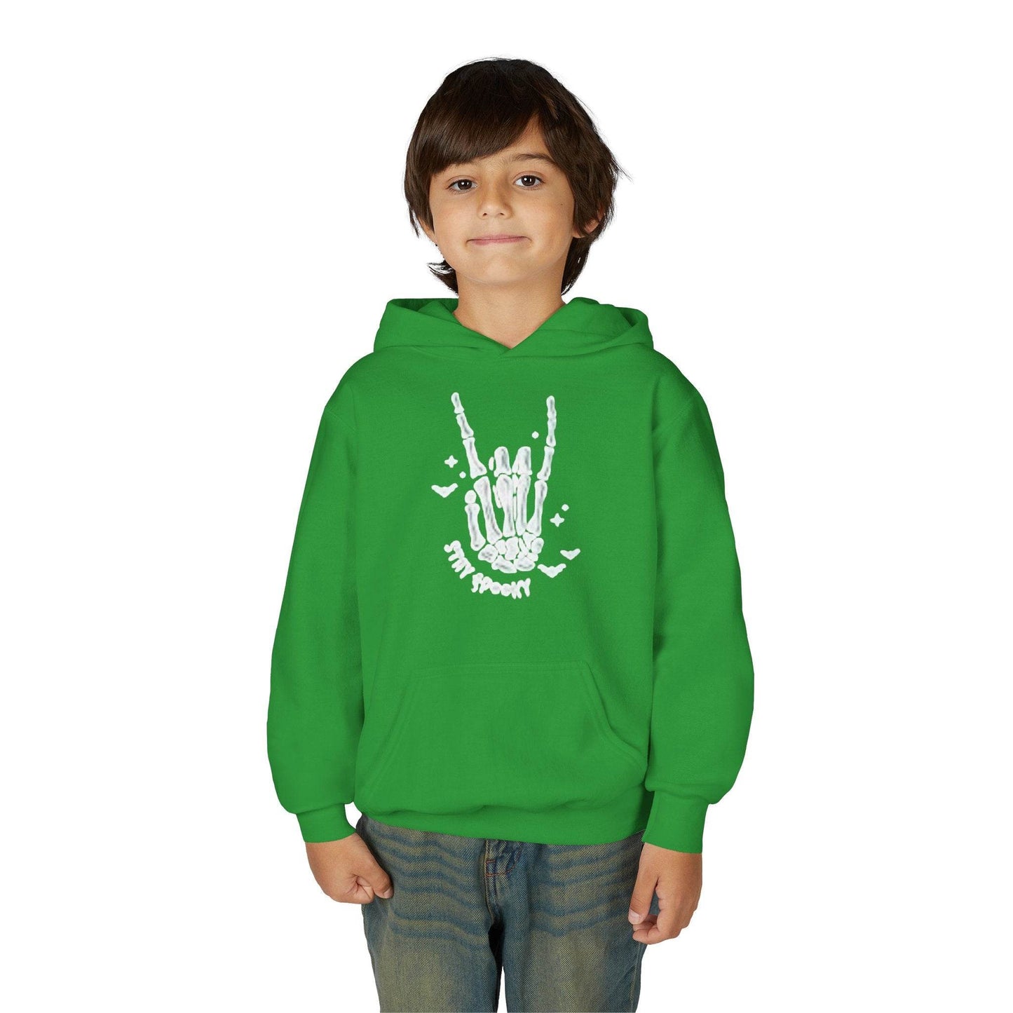 Youth Ghostly Rocker Hoodie - Stay Spooky Sweatshirt, Halloween Apparel, Youth Fashion, Skeleton Design, Cozy Gift - IntuitiveEncBoutique