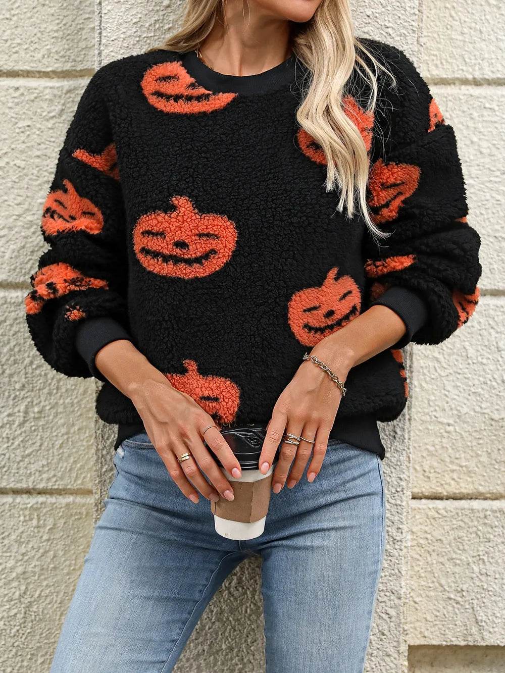 Fuzzy Pumpkin Round Neck Dropped Shoulder Sweater - IntuitiveEncBoutique