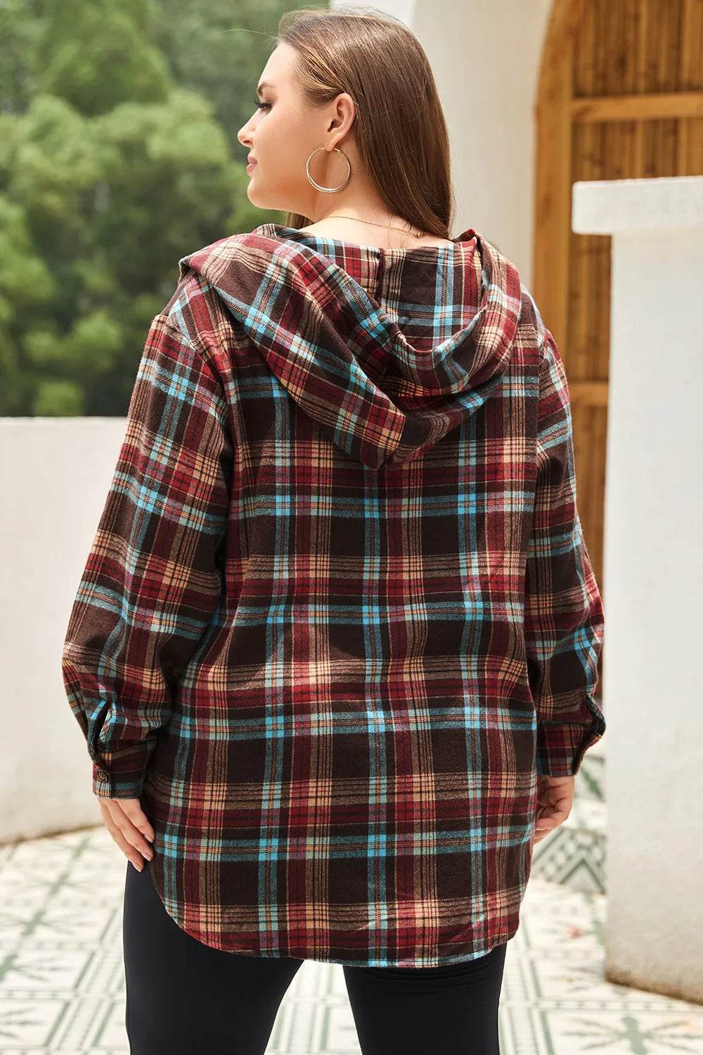 Plus Size Drawstring Plaid Quarter Button Hoodie - IntuitiveEncBoutique