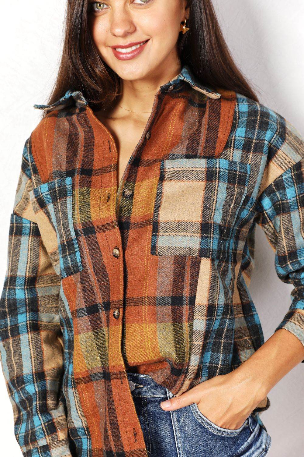 Double Take Plaid Curved Hem Shirt Jacket with Breast Pockets - IntuitiveEncBoutique